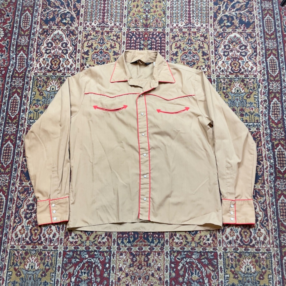 VTG 70s Van Cort Mens Tan Western Pearl Snap Shirt Red Piping Smile Pockets L